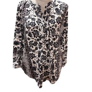 Lucky‎ Brand Black White Floral Print Henley Long Sleeve Tunic Shirt Blouse S/P